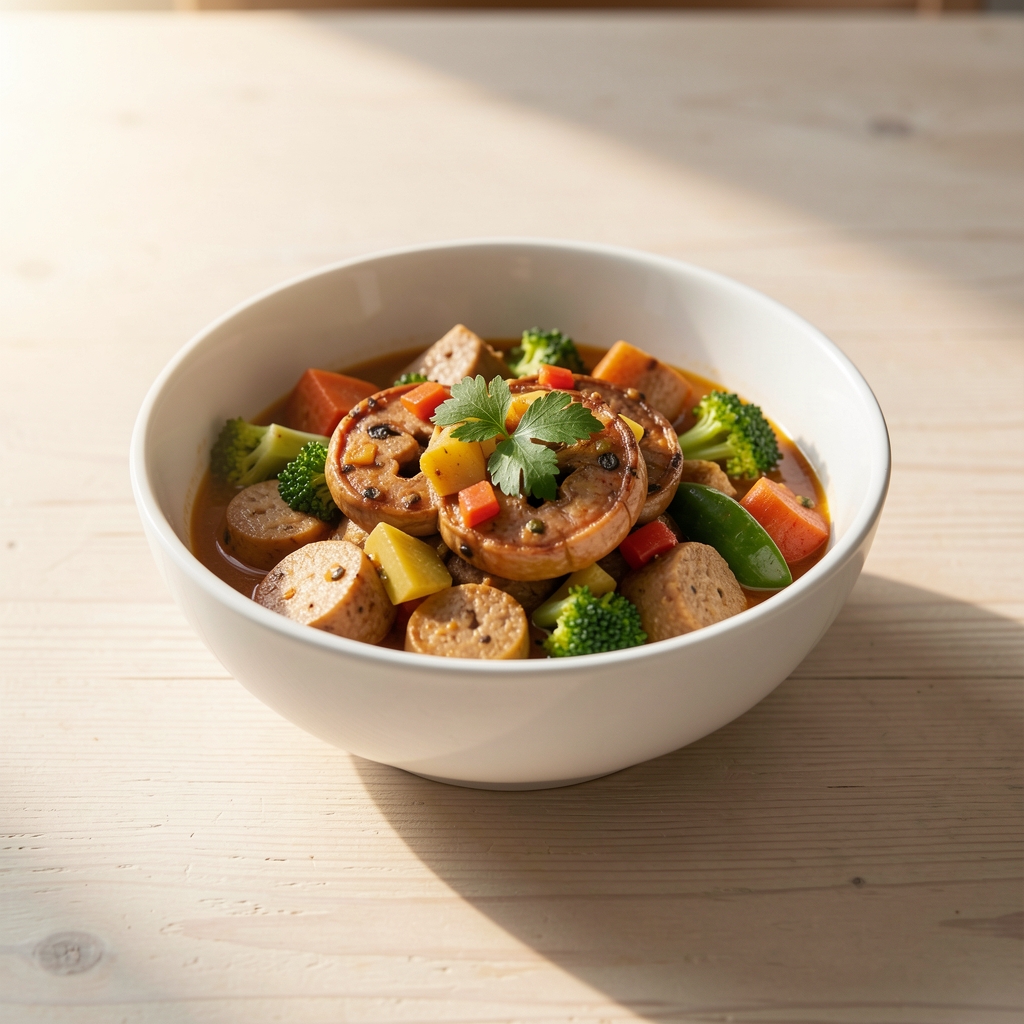Home-cooked meal in a white bowl on a pale wooden surface, single portion, morning light from the left